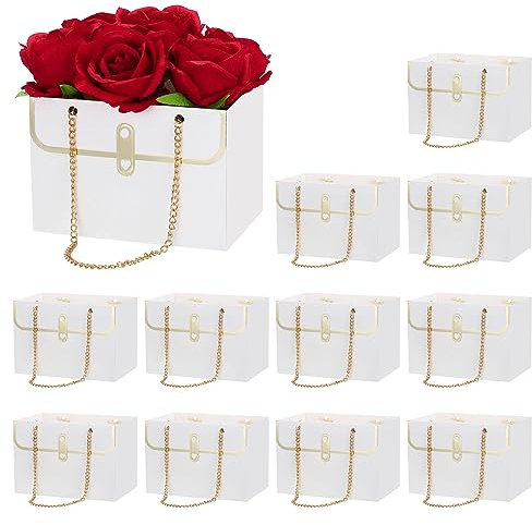 PATIKIL Flower Gift Box, 12 Pcs Paper Bouquet Flower Gift Bag with Handle Rectangle Metal Chain Tote for Florist Wedding Party Birthdays Day Bridal Shower, White