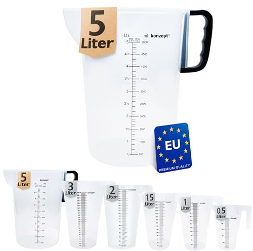 KONZEPT Messbecher 5 Liter, Verschiedene Größen zur Wahl, Ideal für Küche, Garten, Werkstatt, Transparent, Robuster Kunststoff, Litermaß
