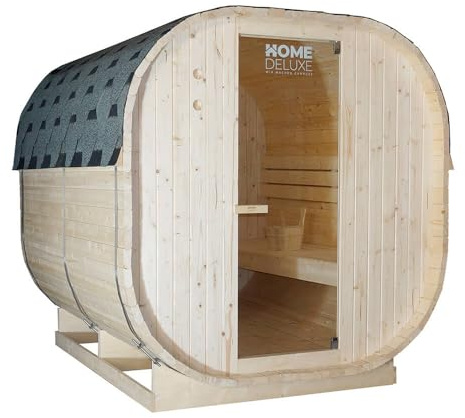 Home Deluxe - Sauna extérieur Cube XL - Dimensions : env. 185 cm x 195 cm x 220 cm, Bois : épicéa - poêle et Accessoires de Sauna Inclus I Sauna de Jardin, Sauna extérieur, Sauna tonneau pour 6
