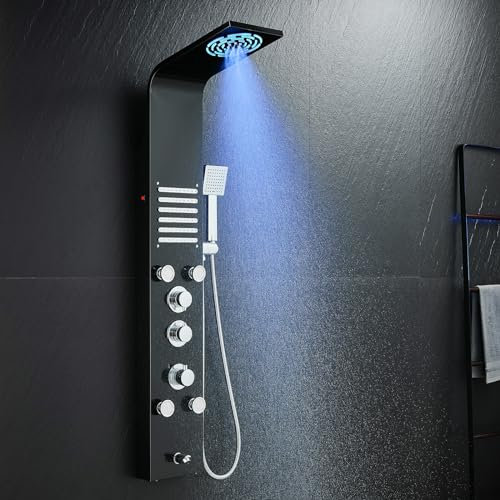 KINKIBOS Duschpaneel mit Thermostat und LED, 6 Funktionen Duschpaneel-Regendusche, Nebeldusche, Massagedüsen, Handbrause und Wanneneinlauf, Duschsäule aus Edelstahl 304, Schwarz