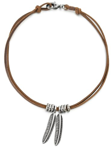 COOLSTEELANDBEYOND Homme Femme Deux Plumes pendentif, Charmes Cuir Collier, Cordon en Brun Cuir unisexe Collier