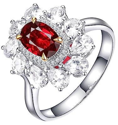 Vorsteckring Gold 750, Eheringe Frau Blume 4 Prong Labor Geschaffener Rubin 0.99ct Ovale Form Taubenblutrot Verlobungsring Gr.60 (19.1) 18K Weißgold