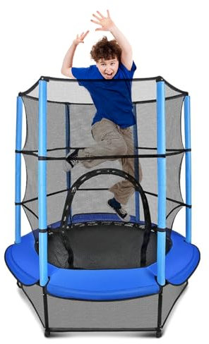 Kinder Trampolin Ø 140cm Indoor Kindertrampolin mit Sicherheitsnetz & gepolsterter Sicherheitsabdeckung, Draußen Trampolin für ab 3 Jahre, Gartentrampolin, Blau & Rot