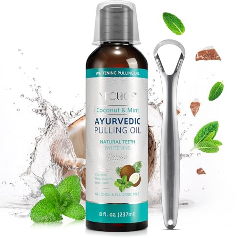 Whitening Pulling Oil, Coconut Oil Mouthwash,Natural Whiten Oilpulling Mouth Wash, 8 Fl Oz Premium Cleansing & Plaque Reducing Blend - Remove Tartar & Plaque with Tongue Scraper and Measuring Cup