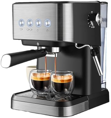Vulaop Espressomaschine,Espresso Siebträgermaschine mit Milchaufschäumer, 1,5L Mini-Espressomaschine mit Siebträger, 20 Bar Edelstahl-Kaffeemaschine Klein, 1050W, für Gemahlenen Kaffee (Schwarz)