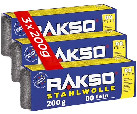 RAKSO Stahlwolle fein 00-600 g, 3 Banderolen à 200g, glättet Hölzer, Reinigung Kunststoffjalousien, Gartenmöbel, aufpolieren Aluminium