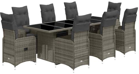 vidaXL 9-TLG. Garten-Bistro-Set mit Kissen Grau Poly Rattan
