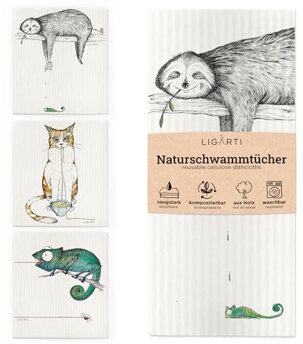 Ligarti® Schwammtücher aus Holz (100% öko & waschbar) 3er Set Spültücher nachhaltig kompostierbar I Allzwecktücher für den Haushalt Made in Germany I Spüllappen, Spülschwamm (Lecker Schmecker)