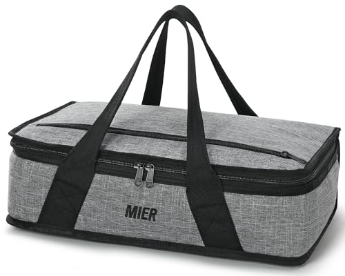 MIER Thermal Insulated Casserole Carrier for Hot or Cold Foods, Gray | Fits 9x13 Baking Dish/Foil Pan; Top Zip Pocket for Cutlery; Food Transport Bag for Lasagna, Potluck, Picnic, and Parties