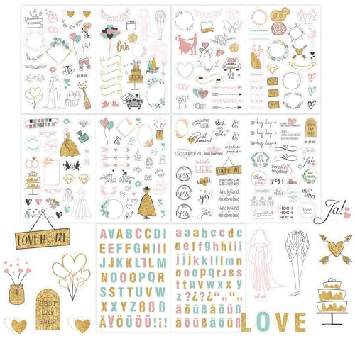 Hochzeit Gästebuch (321 Motive)-Hochzeit Aufkleber für Gästebuch & Fotoalbum,Sticker Liebe,Hochzeitssticker Herzen Party 5 Seiten -Wedding Set Sticker mit Glitzer (Gold)