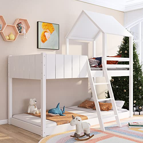 ANIROY Wooden Bunk Bed, Loft Bed with Ladder and Guard Rail, Mid-Sleeper Cabin Bed, 3 FT Single Treehouse Canopy, Shaped with Space-Saving Design for Children& Kids Home (White-90 * 190 cm)