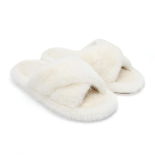 Chantomoo Pantoufles en mousse à mémoire de forme avec bande croisée pour femme - Confortables - En fausse fourrure - Semelle antidérapante - Cadeau tendance, Beige, 7-8