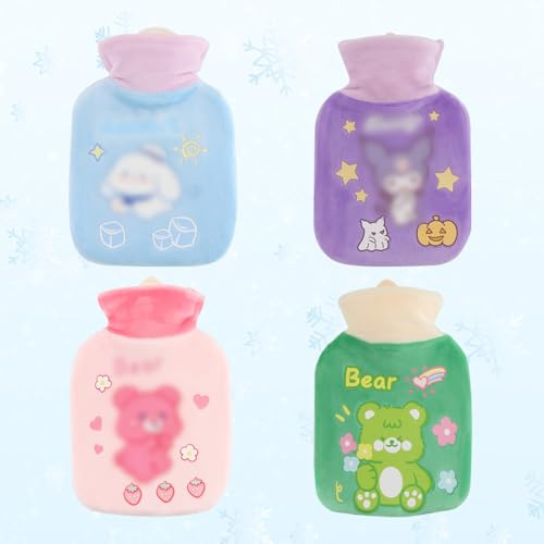 dellyy Botella de Agua Caliente de 4 Piezas, Bolsa De Agua Caliente 300 ml, Bolsa de Agua Caliente Peluche, Extraíble y Lavable, Hot Water Bottle Adecuado para Climas fríos y Viajes