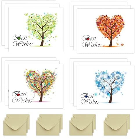 Blank Cards with Envelopes, Pack of 12 Blank Greeting Cards, Note to Say Cards of Four Seasons, Various Tree Styles Designs, Colourful Thank You Cards, Notelets and Envelopes Sets