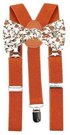 Barn barn pojkar bomull fluga och hängslen set, Orange, grädde och grön blommig fluga och bränd orange hängslen, Bow Tie: Length 10cm, width 5cm