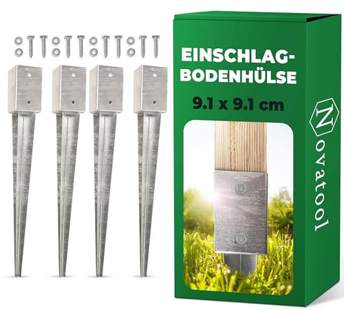 Novatool 4x Einschlagbodenhülsen-Set 91x91x750 mm, Bodenhülse Sonnenschirm Pfostenträger Zaunpfosten Holzpfosten Bodenhülsen Einschlaghülse Bodenanker Erdspieß zum Einschlagen, verzinkt, mit Schrauben