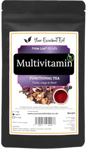 Multivitamin Loose Leaf Fruit & Herbal Tea- Hibiscus, Apple & Berries, 50g | Elderberry, blackcurrant, raspberry and citrus peel create a deep red, fruity infusion, packed in a resealable pouch.