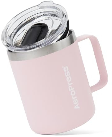 AeroPress Mug de Voyage avec Anse, Acier Inoxydable Isotherme à Double Paroi, Couvercle Coulissant Résistant aux Éclaboussures, Boissons Chaudes ou Froides, Lave-Vaisselle, 12 oz, Rose