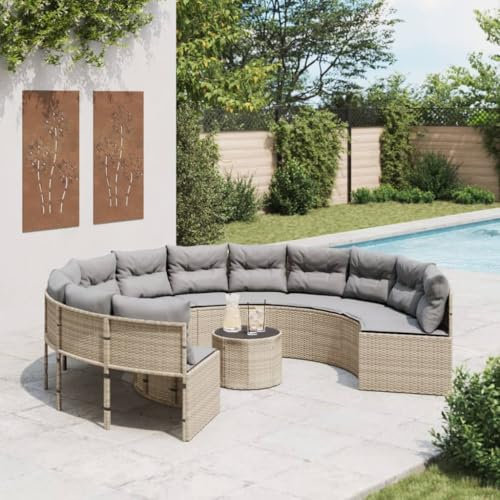Somanki Gartensofa mit Tisch und Kissen Rund Beige Poly-Rattan, Balkonmöbel, Gartenlounge, Gartenmöbel, Balkon Sofa, Terrassen Sofa, Terrassenmöbel - 3318546