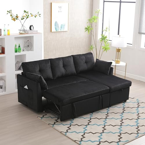 Dolamaní 3er-Sofa L Form with Storage Seats, Schlafsofa Sectional Couch mit Schlaffunktion und Bettkasten (Schwarz, Samt)