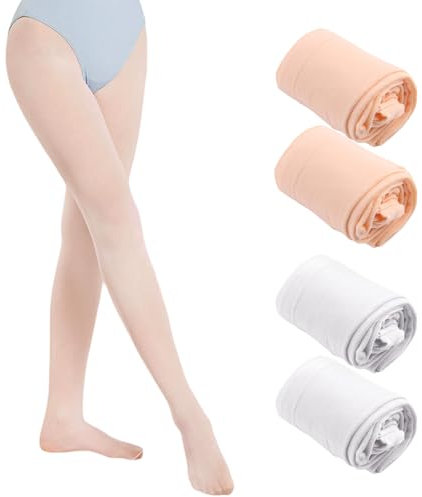 Xbessc 4 Paar Ballett Strumpfhose Mädchen 80 DEN Feinstrumpfhose Ballettstrumpfhose Mädchen Elastisch Atmungsaktiv Tanzstrumpfhose mit Fuß Hautfarbe Weiß für Tanzkurs Leistung Alltag Kinder 5–9 Jahren