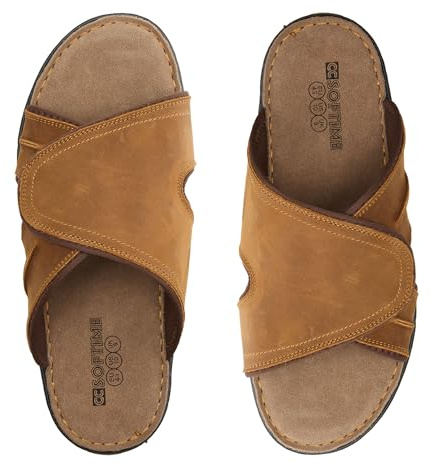 CCSOFTIME Sommarsandaler för män, lädersandal för män med justerbar rem, öppen tå bekväma mjuka strandmockasandaler för män sommartofflor för hus, strand, pool, trädgård, semester, Ljusbrunt, 11 UK