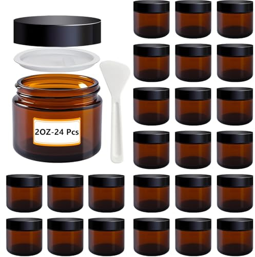 2 oz Amber Glass Jars with Lids,24 Pack 2oz Small Glass Jars with Inner Liners,2 Ounce Travel Jar for Cosmetics Container,Cream Lotion,Body Scrub