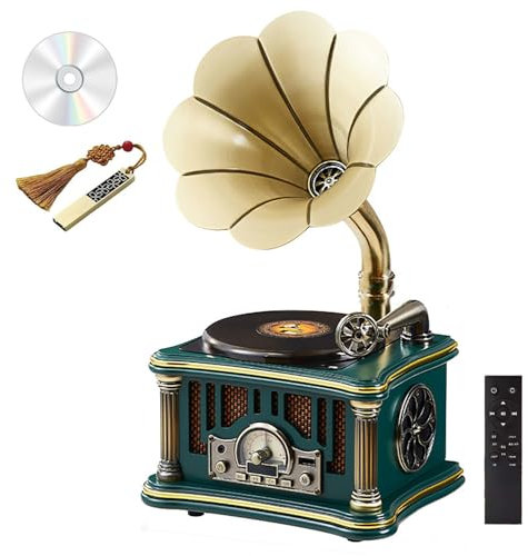 LIULIQ Platine Vinyle Gramophone, Mini Lecteur CD Phonographe Nostalgique avec Télécommande, Conception Sonore Surround Et Boîtier en Bois Massif, Lecture CD/clé USB/FM pour La Décoration Intérieure