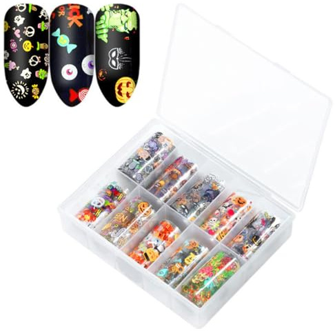 VAEIORP 10-er Set 4 × 100 cm Nail-Art-Transferfolien – Halloween & Galaxy