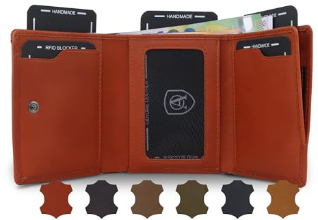 AKAROA – Trifold Geldbörse Herren echtes Rindsleder Henry – Portmonee Herren 7,5x9,5cm mit 10 Kartenfächern & Münzfach mit Reißverschluss – Geldbeutel im Hochformat mit RFID Schutz – Cognac