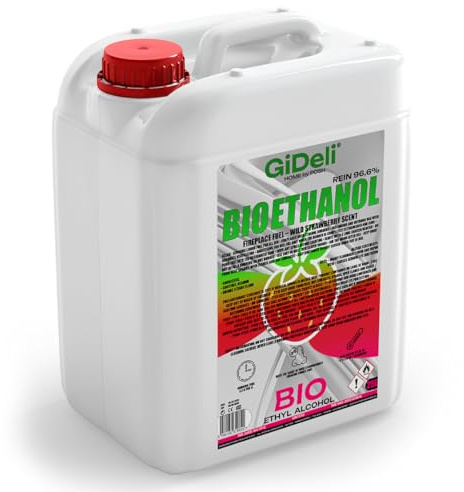 GiDeli Bioetanol 25 l, aroma a fresa silvestre, 96,6% etanol, para chimeneas interiores y exteriores, sin humo ni hollín, de maíz y remolacha azucarera