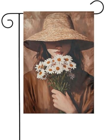 Gartenflagge mit Strohhut, Gänseblümchen, 30 x 45 cm, vertikal, doppelseitig, Bauernhaus, Urlaub, Außendekoration, Hofflagge