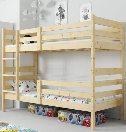 Interbeds Etagenbett 200x90 cm Hochbett Stockbett aus Kiefernholz roh mit Leiter und Lattenrost teilbar in 2 Betten Naturholz Jugendbett Kinderbett (Naturton, 200x90)