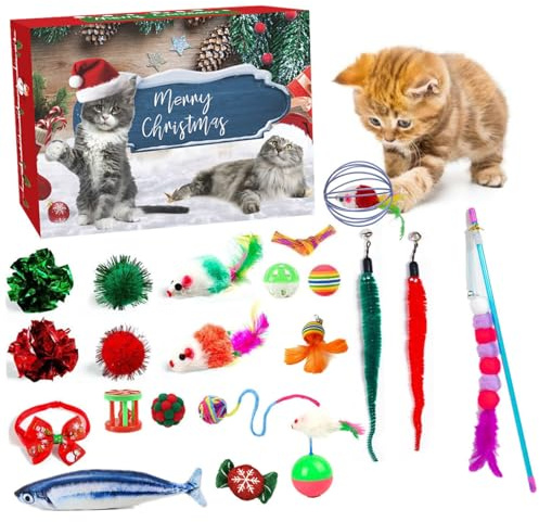 Kattadventskalender 2025 24 dagar jul nedräkningskalender blandade interaktiva kattleksaker för inomhus kattunge