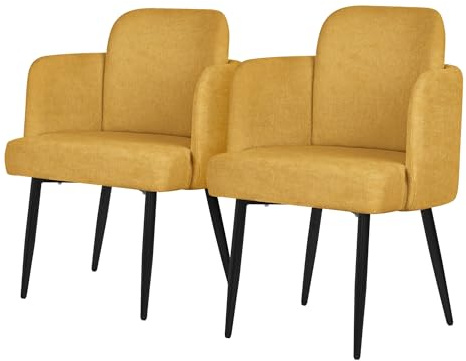 ML-Design Esszimmerstühle 2er Set Senf mit Stoffbezug, Küchenstuhl mit Armlehne & Rattan-Optik Rückenlehne, Wohnzimmerstuhl mit Metallbeinen, Ergonomische Sessel, Polsterstuhl für Esszimmer und Küche