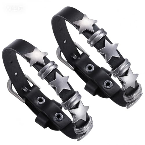 CALFOVERA Bracelet en Cuir Véritable Noir Style Rock Orné D'Étoiles et de Clous Ajustable avec Boucle de Ceinture. Bijou Fantaisie pour Homme et Femme à au Quotidien.