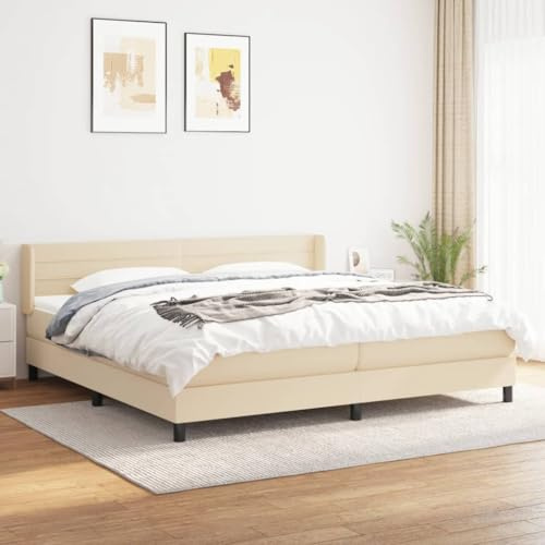 Mokuyary resårsäng med madrass, krämfärgad, 200 x 200 cm, tyg, sängram, säng med ribbotten, plattform, sängram, enkel montering för sovrum, gästrum – Q