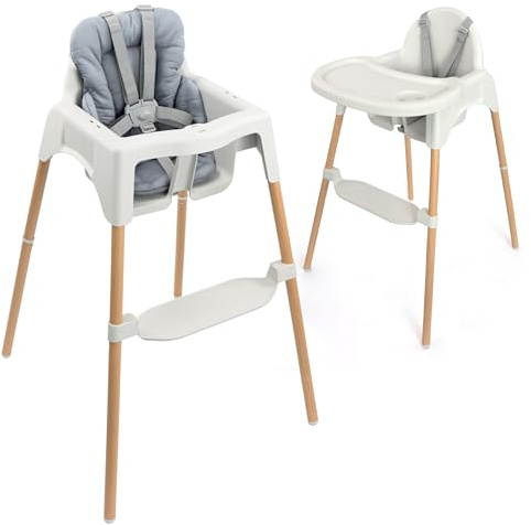 Zamboo seggiolone per bambini da 6 mesi con riduttore seggiolone pappa incluso | sediolone pappa leggero (3,5 kg) effetto legno, vassoio e cintura a 5 punti | antiribaltamento, fino a 15 kg – grigio