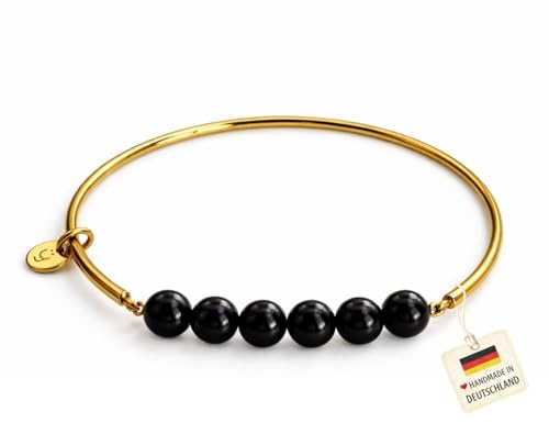 happymaker - Edelstein Armreifen, elastischer Edelstahl Armreif Gold Damen mit Edelstein Perlen, handgefertigt in Deutschland