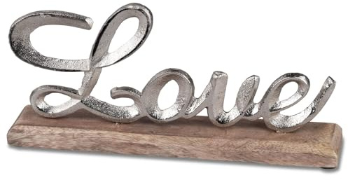 formano Scritta decorativa Love in alluminio su base in legno, 26 x 12 cm, elegante decorazione da tavolo in legno di mango massiccio e metallo argentato, per soggiorno, camera da letto e come idea