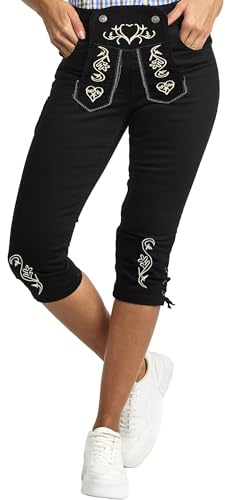 STEIGENHÖFER Trachtenjeans - Ida – Stretch Kniebund 3/4 Capri Hose im Lederhosen-Look – Trachten Jeans Kurze Hose Damen fürs Oktoberfest - Tracht Lederhose Damenjeans - Schwarz - 44