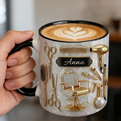 Personalisierte Friseurtasse, Kaffeetasse mit individuellem Namen und 3D-Effekt im Salon-Werkzeug-Design, einzigartige Tasse mit Friseurstuhl-Motiv, lustiges Geschenk für Friseure,325 ml Keramik