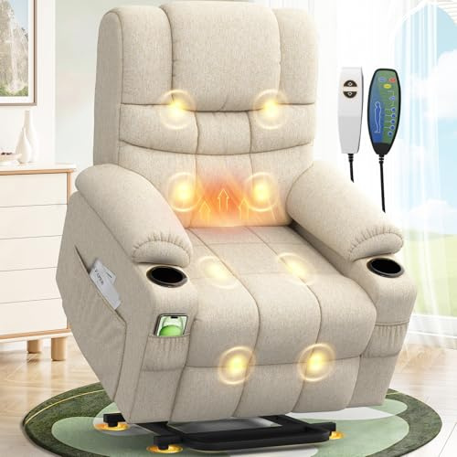 SQUEBILIFE Fernsehsessel Relaxsessel mit 45°Aufstehhilfe, Elektrisch TV-Sessel Wohnzimmer-Sessel mit Massagefunktion & Lendenwirbelheizung, Typ-C + USB-Anschlüsse, 2 Getränkehalter & 4 Seitentaschen