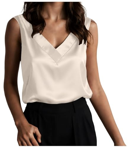 Camiseta sin Mangas de satén Seda para Mujer Cuello en V Color sólido Tank Top Camisola Elegante Casual Vintage Ligera Ideal Playa Vacaciones Oficina Trabajo Fiesta Uso Diario Primavera Verano (M)