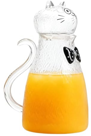 Glass Water Pitcher With Lid | 1800ml Cute Cat Beverage Container | Iced Tea Pitcher | Ideal For Coffee Milk Juice Beverage Dining Table Countertop Living Room Kitchen Office Party Outdoor