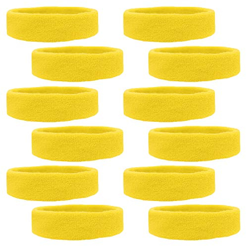 Kenz Laurenz 12 Sweatbands Cotton Sports Headbands Terry Cloth Moisture Wicking Athletic Basketball Headband (Yellow 12 Pack) Fits Most