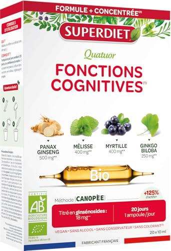 Ginseng, Mélisse, Myrtille, Gingko biloba - Fonctions cognitives - Ampoules | Cure de 20 ampoules de 10ml- Concentration, mémoire, stress, équilibre émotionnel - Fabrication française – Vegan– Superdiet