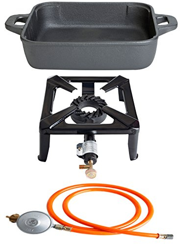 PaellaWorld Paella World International Kit de réchaud à gaz réchaud avec poêle en Fonte rectangulaire et gaz Kit de Connexion Multicolore, 3 pièces