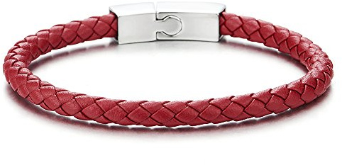 COOLSTEELANDBEYOND Unisex Dünn Rot Leder Armband für Herren Damen Geflochtenes Leder Armreif Schweißband mit Edelstahl Magnetverschluss