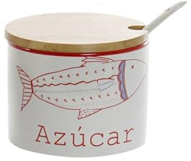 Hogar y Mas Azucarero con Cuchara y Tapa de Bambú y Gres, 4 Modelos. Diseño Original de Peces con Estilo Moderno 11X9X9 cm